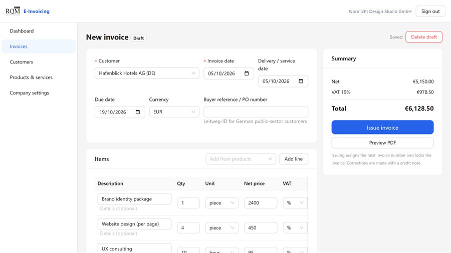 RQM E-invoicing screenshot
